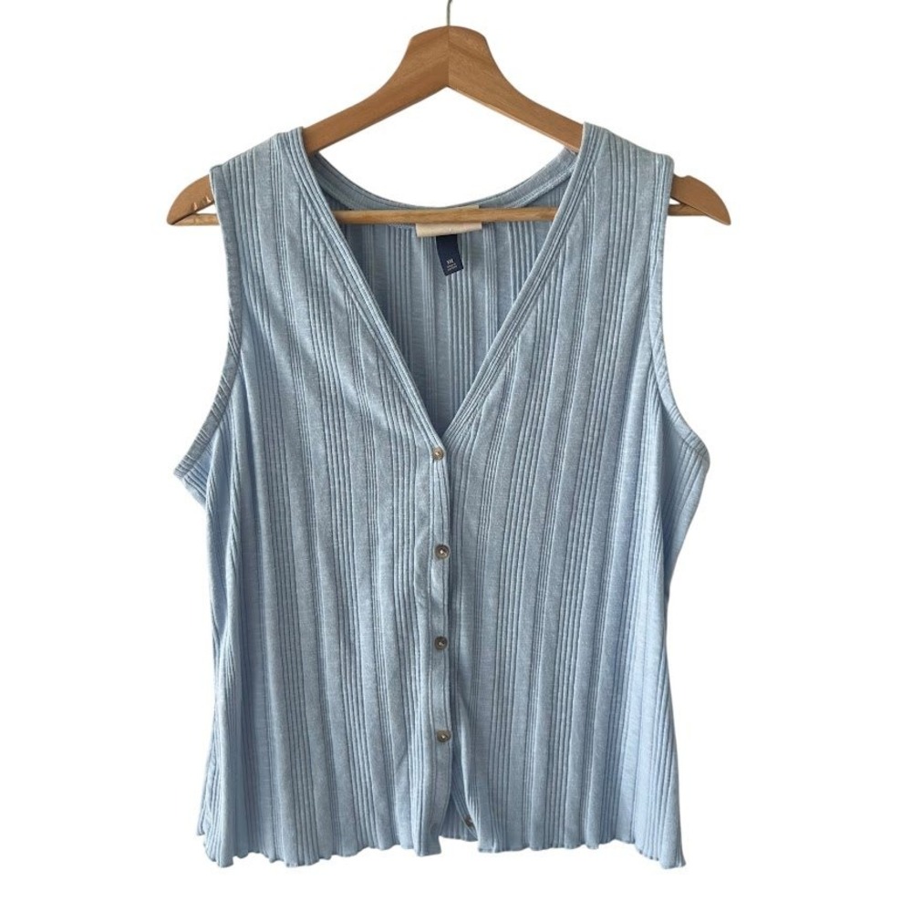 Universal Thread Tank Top 2X Blue Ribbed‎ Knit Button Front V Neck Lettuce Hem